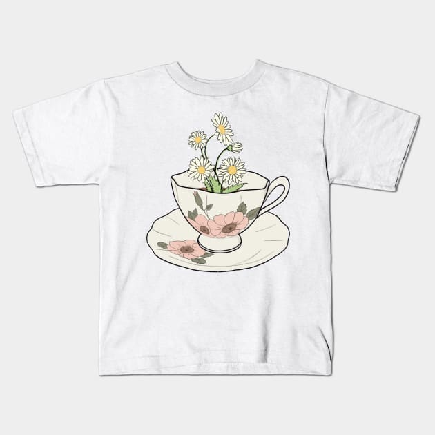 Spring Cottagecore Daisy Tea Cup Kids T-Shirt by JuneNostalgia